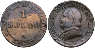 ВАТИКАН 1 СОЛЬДО 1867 ПАПА ПИЙ IX (1846-1878), БОЛЬШОЙ БЮСТ KM 1372.2 медь 27-244