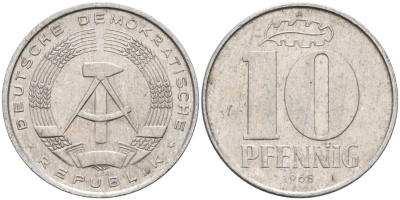 ГДР 10 пфеннигов 1968 А KM 10 алюминий 4571-657