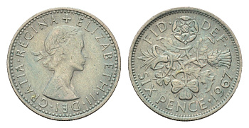 Великобритания 6 пенсов 1967 Елизавета II (1952-2022) KM 903, Spink 4149 медно-никель 192-1233