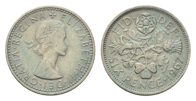 Великобритания 6 пенсов 1967 Елизавета II (1952-2022) KM 903, Spink 4149 медно-никель 192-1233
