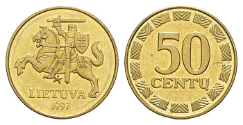 Литва 50 центов (сентов) 1997 KM 108 никель латунь UNC 4566-617