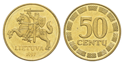 Литва 50 центов (сентов) 1997 KM 108 никель латунь UNC 4566-617