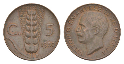 Италия 5 чентезимо 1920 KM 59 медь 4636-436