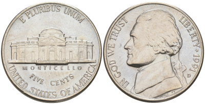 США 5 ЦЕНТОВ 1991 D ДЖЕФФЕРСОН KM A192 медно-никель 190-151