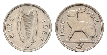 Ирландия 3 пенса 1967 заяц KM 12a медно-никель 4696-469
