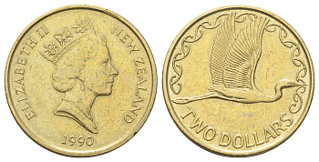 Новая Зеландия 2 доллара 1990 Елизавета II (1952-2022), большая белая цапля KM 79 алюминиевая бронза 4699-1112