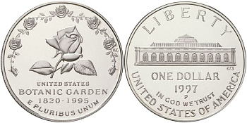 США 1 доллар 1997 P, 175 лет Ботаническому саду KM 278 серебро PROOF 11-093-21