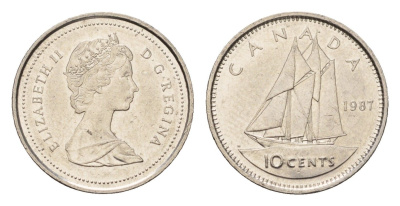 Канада 10 центов 1987 Елизавета II (1952-2022), парусник KM 77 никель 4689-556