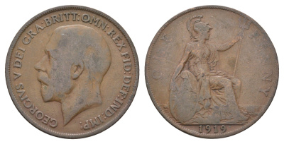 Великобритания 1 пенни 1919 Георг V (1910-1936) KM 810, Spink 4051 бронза 4661-622