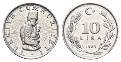 Турция 10 лир 1983 год-тип KM 950.2 алюминий UNC 89-1656