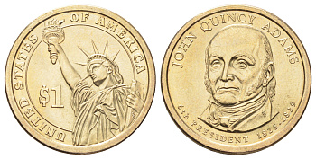 США 1 доллар 2008 P, Президент США - Джон Куинси Адамс (1825-1829) KM 427 медь с марганцево-латунным покрытием UNC 4695-914