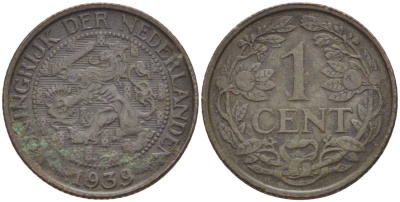 Нидерланды 1 цент 1939 Вильгельмина I (1890-1948) KM 152 бронза 4532-1064