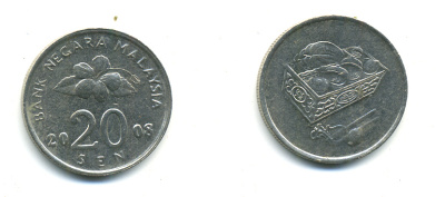 Малайзия 20 сенов 2008 цветок KM 52 медно-никель 3999-642