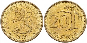 ФИНЛЯНДИЯ 20 ПЕННИ 1989 M KM 47 алюминиевая бронза UNC 3457-844