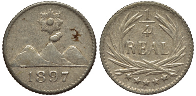 Гватемала 1/4 реала 1897 5 звезд, Испанское правление KM 162 серебро 4549-1139