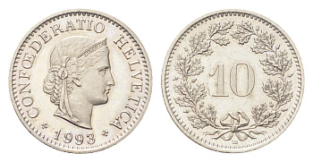 Швейцария 10 раппенов 1993 B KM 27 медно-никель 4708-236