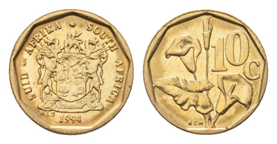 ЮАР 10 центов 1994 герб, цветок алоэ KM 135 сталь плакированная бронзой UNC 4694-665