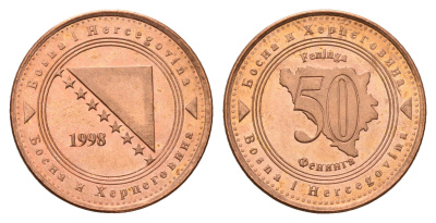 Босния и Герцеговина 50 фенингов 1998 KM 117 сталь плакированная медью UNC 117-612