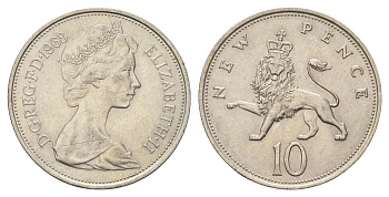 Великобритания 10 новых пенсов 1968 Елизавета II (1952-2022) KM 912, Spink 4231 (F1) медно-никель 4140-132