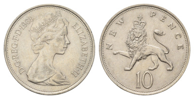 Великобритания 10 новых пенсов 1968 Елизавета II (1952-2022) KM 912, Spink 4231 (F1) медно-никель 4140-132