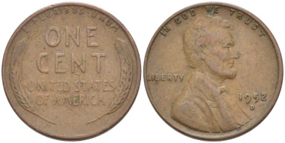 США 1 ЦЕНТ 1952 D, ЛИНКОЛЬН KM А132 медь цинк 218-618