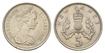 Великобритания 5 новых пенсов 1970 Елизавета II (1952-2022) KM 911, Spink 4233 (D1) медно-никель 55-1152