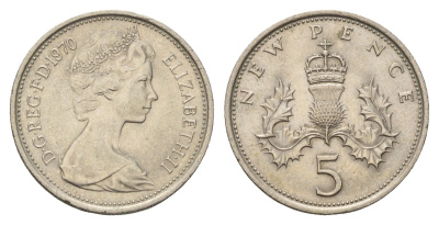 Великобритания 5 новых пенсов 1970 Елизавета II (1952-2022) KM 911, Spink 4233 (D1) медно-никель 55-1152