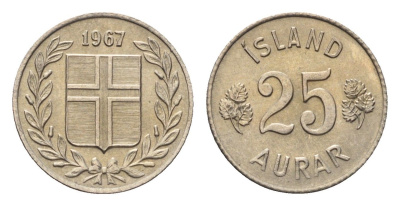 Исландия 25 эйре 1967 KM 11 медно-никель UNC 4696-349