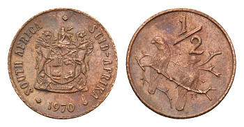 ЮАР 1/2 цента 1970 два капских воробья на ветке KM 81 бронза 187-336
