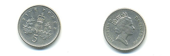 Великобритания 5 пенсов 1990 Елизавета II (1952-2022) KM 937b, Spink 4372 (D4) медно-никель 59-546