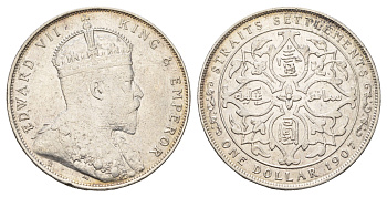 Стрейтс-Сетлментс (Стрейтс Сетлментс) 1 доллар 1907 H, Эдуард VII (1901-1910), год-тип KM 26 серебро 1530-241