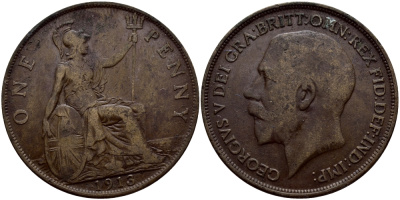 Великобритания 1 пенни 1913 Георг V (1910-1936) KM 810, Spink 4051 бронза 540-443