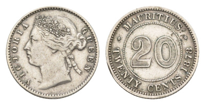 Маврикий 20 центов 1878 Виктория (1837-1901), редкий год, тираж 50.000 экземпляров KM 11 серебро 413-414