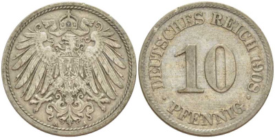 Германия 10 пфеннигов 1908 A KM 12, Jager 13, Weege 8 медно-никель 212-125