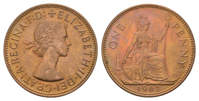 Великобритания 1 пенни 1962 Елизавета II (1952-2022) KM 897, Spink 4157 бронза aUNC 4692-724