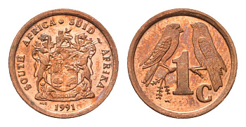 ЮАР 1 цент 1991 герб, капские воробьи KM 132 сталь плакированная медью UNC 4690-1261