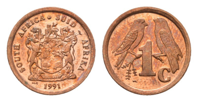 ЮАР 1 цент 1991 герб, капские воробьи KM 132 сталь плакированная медью UNC 4690-1261