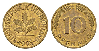Германия 10 пфеннигов 1995 J KM 108, J. 383 сталь плакированная латунью 4684-1225