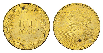Колумбия 100 песо 2017 KM 296 сталь плакированная латунью UNC 4696-1267