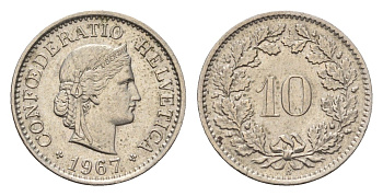 Швейцария 10 раппенов 1967 KM 27 медно-никель 4685-253