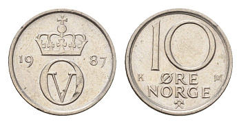 Норвегия 10 эре 1987 Улаф V (1957-1991) KM 416 медно-никель UNC 4684-731