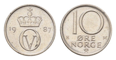 Норвегия 10 эре 1987 Улаф V (1957-1991) KM 416 медно-никель UNC 4684-731