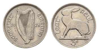 Ирландия 3 пенса 1928 заяц KM 4 никель 4690-313