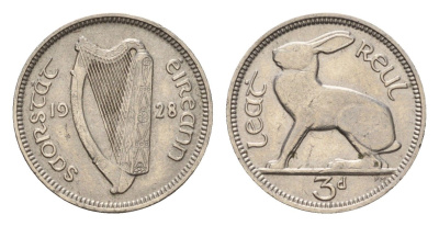 Ирландия 3 пенса 1928 заяц KM 4 никель 4690-313