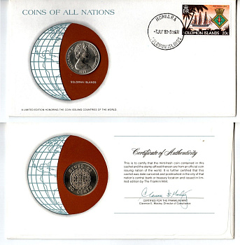 Соломоновы Острова 20 центов 1977 конверт с маркой первого дня гашения, Coins of Nations KM 5 медно-никель UNC 9-1-01-68