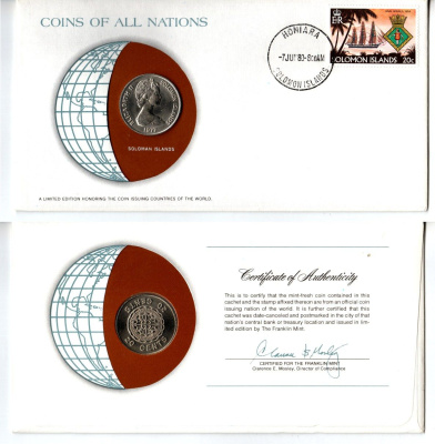 Соломоновы Острова 20 центов 1977 конверт с маркой первого дня гашения, Coins of Nations KM 5 медно-никель UNC 9-1-01-68