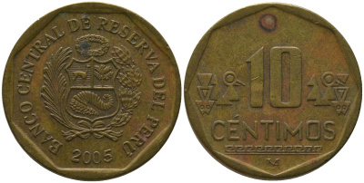 Перу 10 сентимо 2005 LIMA KM 305.4, Schon 104 латунь 4543-835