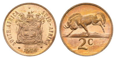 ЮАР 2 цента 1974 герб, антилопа гну KM 83 бронза PROOF 4622-1121