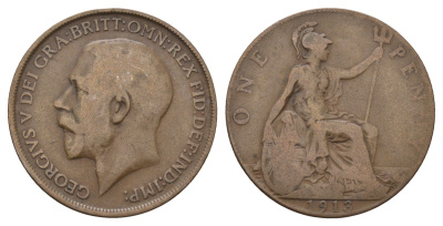 Великобритания 1 пенни 1913 Георг V (1910-1936) KM 810, Spink 4051 бронза 4692-711