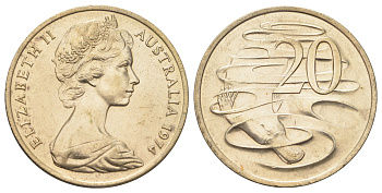 Австралия 20 центов 1974 Елизавета II (1952-2022), утконос KM 66 медно-никель UNC 4692-815